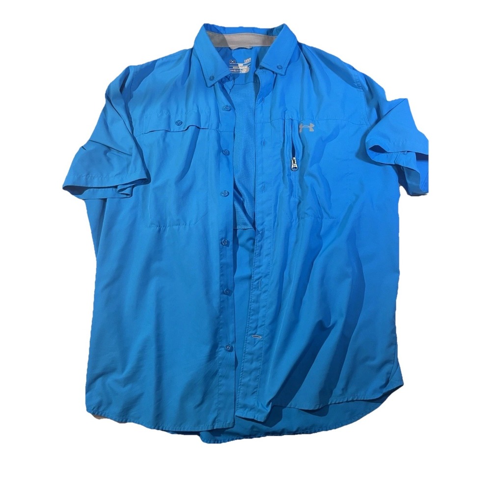 2 Under Armour Mens Large‎ Blue Button shirt Fishing Vented Loose Fit Heat Gear